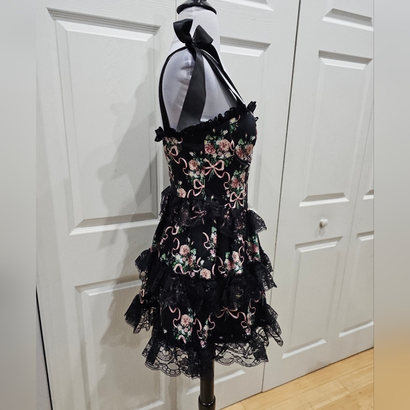 Dolls Kill Widow Goth Bows Floral Bewitched Bloom Tiered Black Lace Mini Dress - Picture 6 of 11
